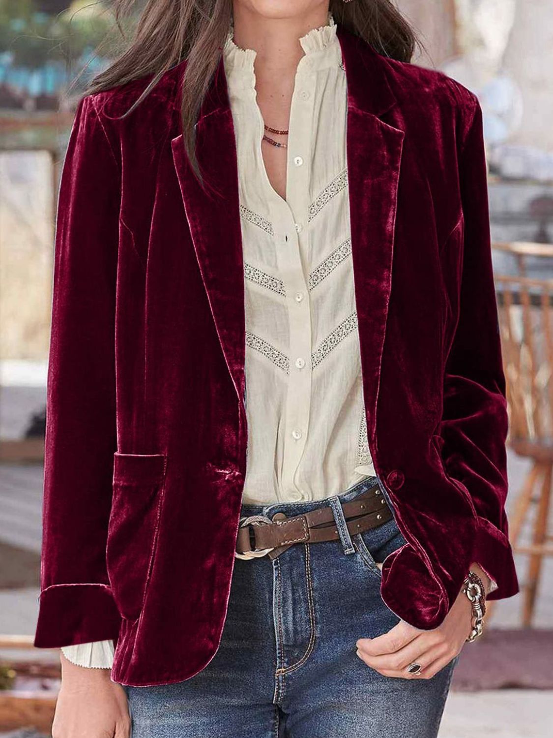 Pocketed Button Up Lapel Collar Blazer OutfitFlow