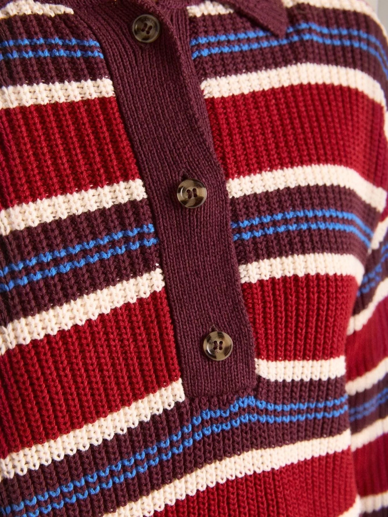 Striped Button Detail Polo Collar Sweater OutfitFlow