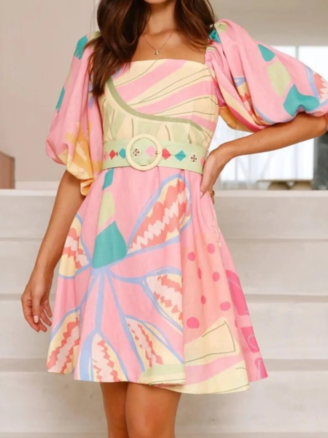 Colorful Print Belted Mini Dress with Puff Sleeves OutfitFlow