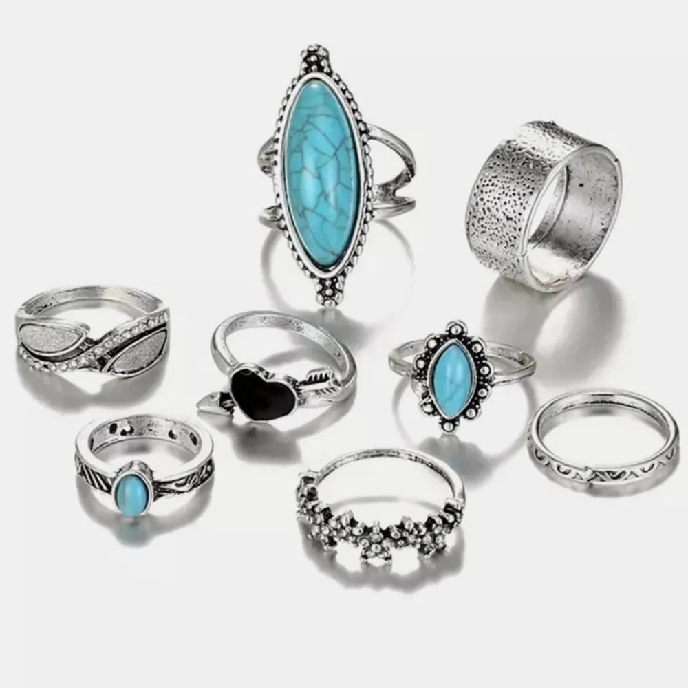 Turquoise Alloy 8-Piece Ring Set OutfitFlow