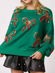 Christmas Sequin Bow Round Neck Sweatshirt OutfitFlow