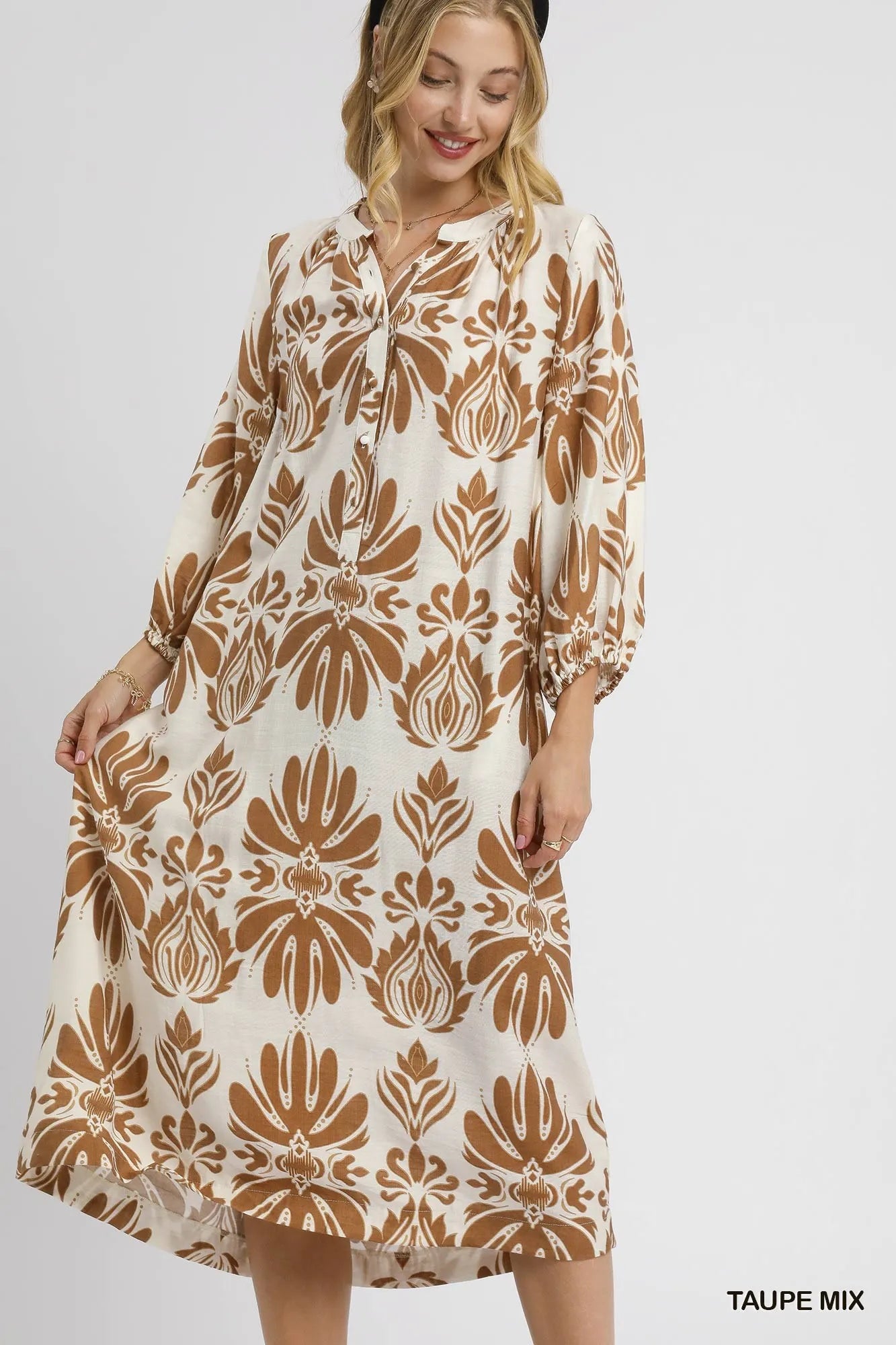 Umgee Mix Abstract Floral Print Midi Dress TAUPE MIX Trendsi