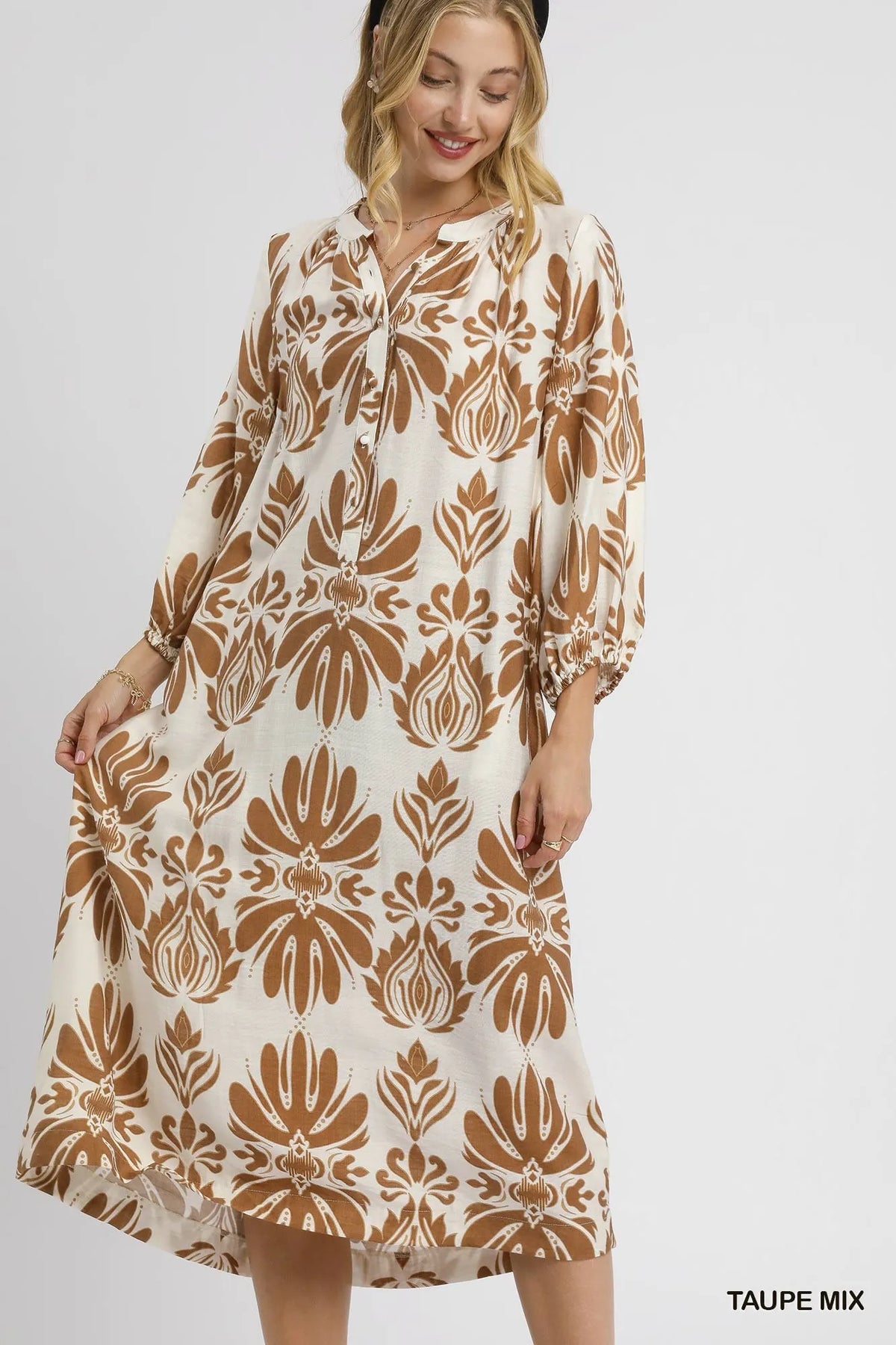 Umgee Mix Abstract Floral Print Midi Dress TAUPE MIX Trendsi