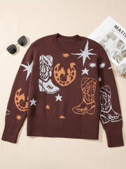 Cowgirl Round Neck Casual Sweater OutfitFlow
