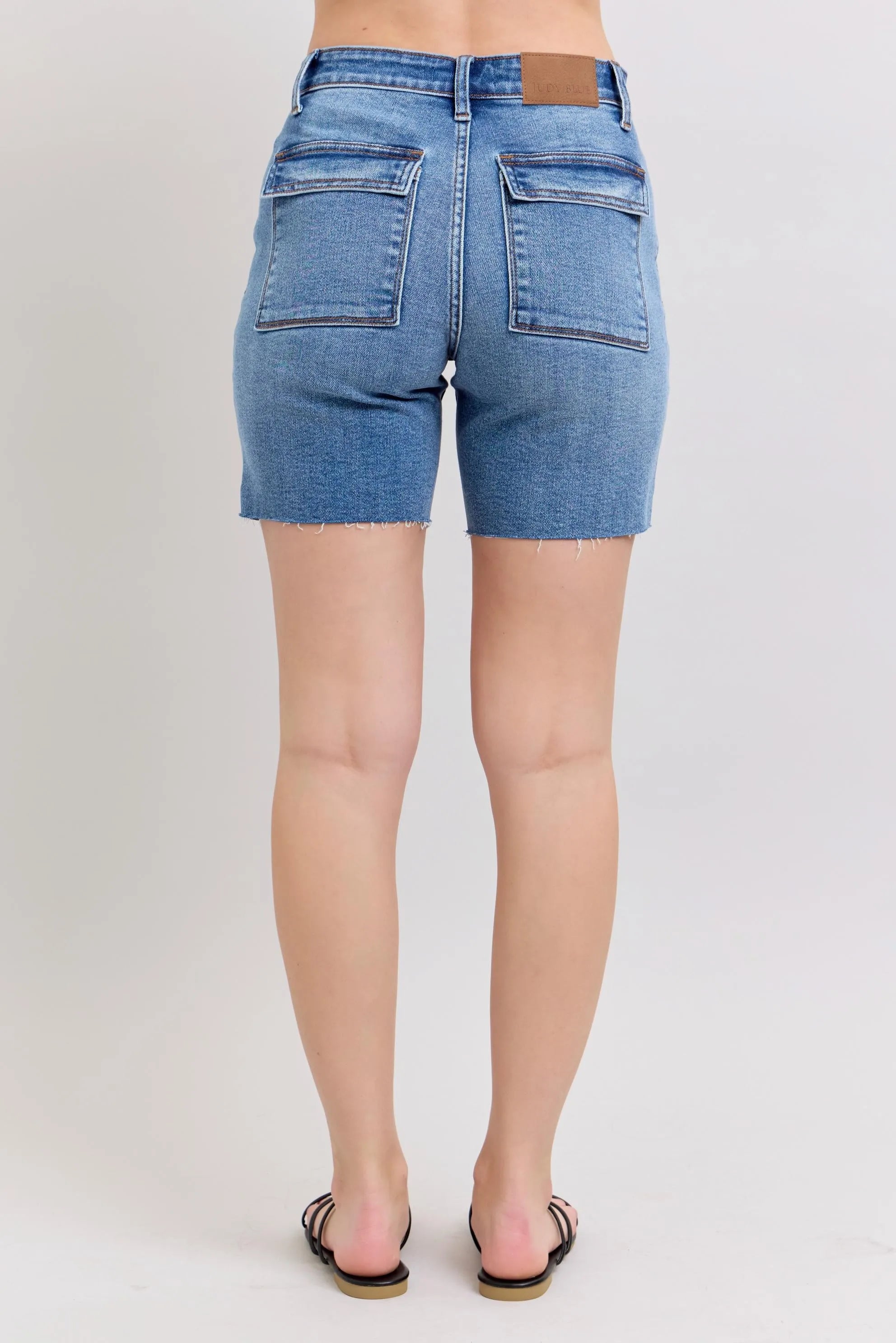 Judy Blue Full Size Mid Rise Bermudas Denim Shorts W/ Back Flap Pockets Plus Size OutfitFlow