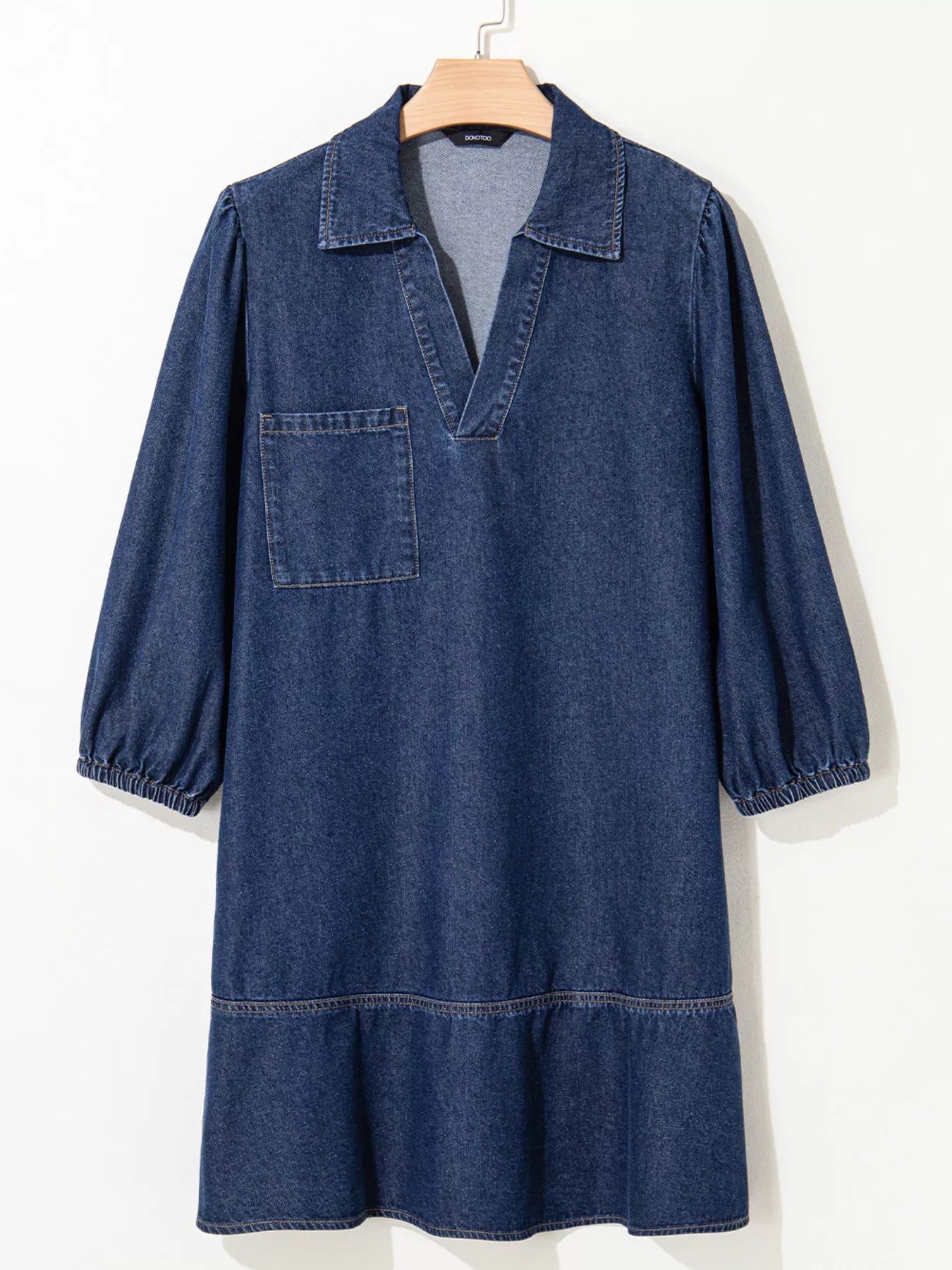 V Neck Collared Single Chest Pocket Long Sleeve Denim Dress OutfitFlow