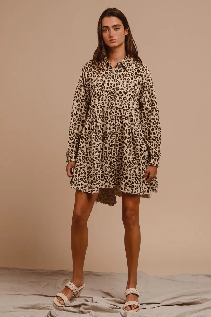 BiBi Washed Denim Button Down Dress with Side Pocket OutfitFlow