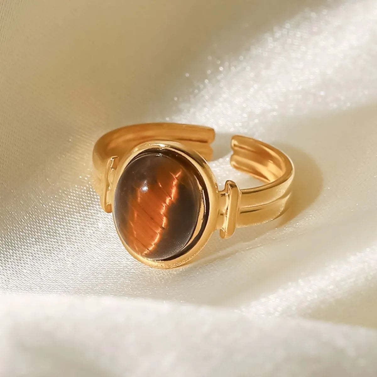 Vintage Natural Stone Gold Plated Adjustable Ring Brown One Size OutfitFlow