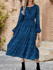 Smocked Round Neck Balloon Sleeve Midi Dress OutfitFlow