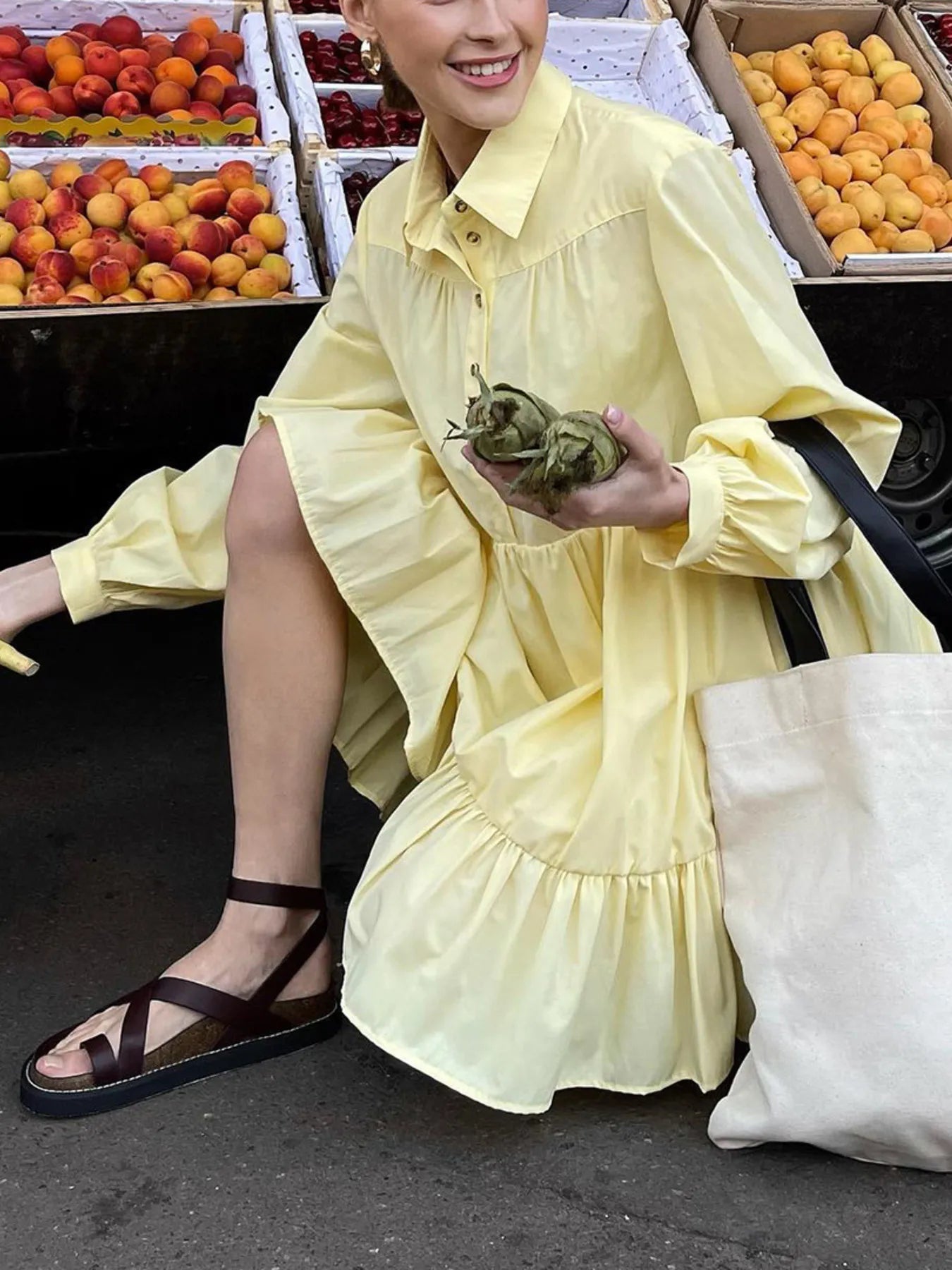 Tiered Long Sleeve Shirt Dress Light Yellow OutfitFlow