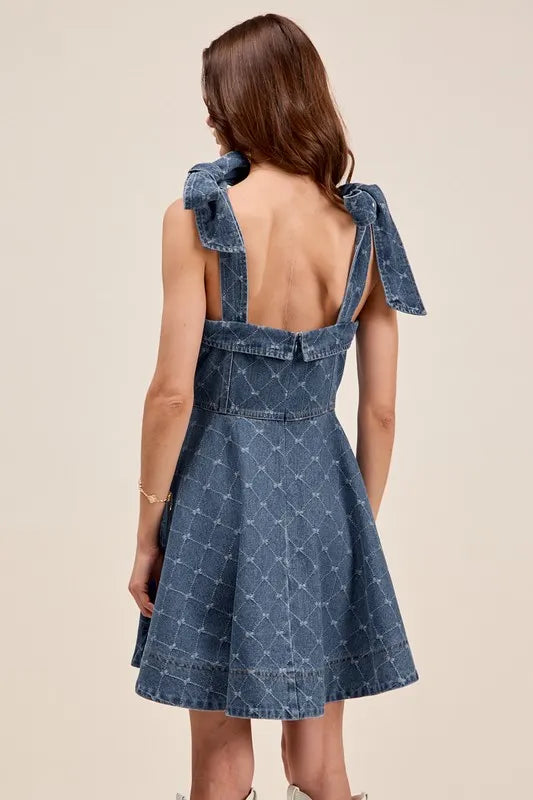 SO ME A Line Fit and Flare Diamond Bow Ribbon Denim Dres OutfitFlow