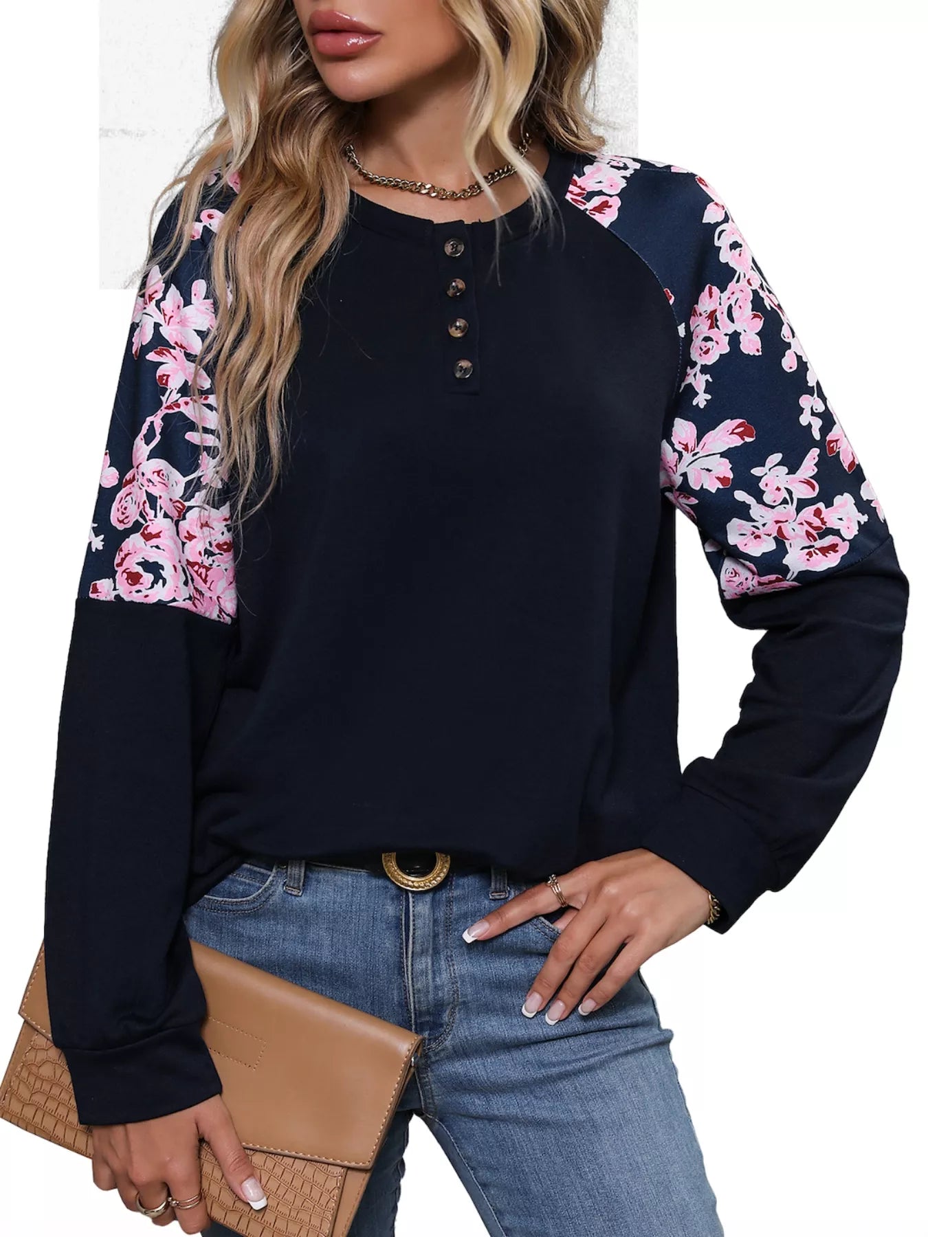 Floral Long Sleeve Round Neck Top OutfitFlow