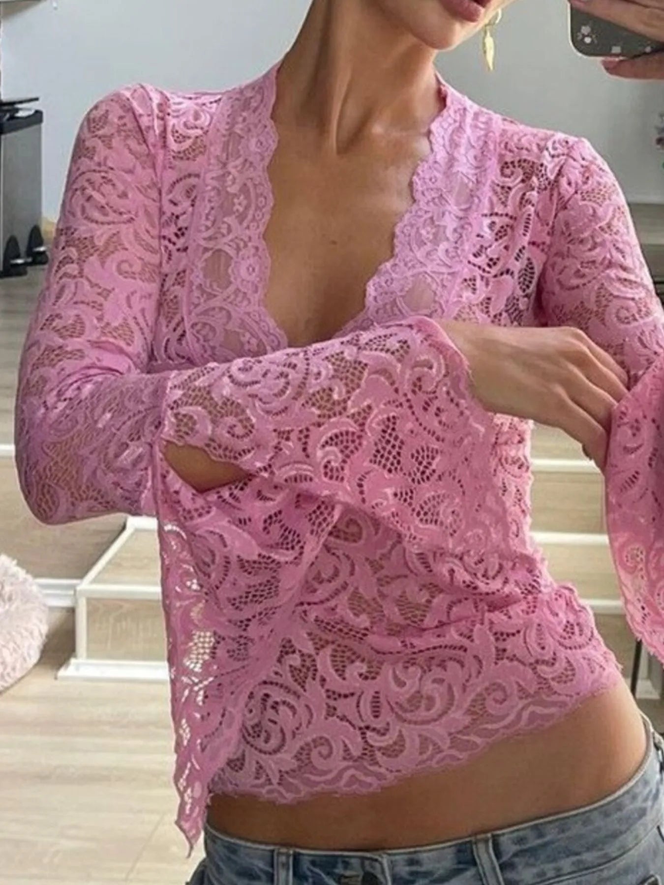 Lace Long Sleeve Deep V-Neck Blouse Pink OutfitFlow