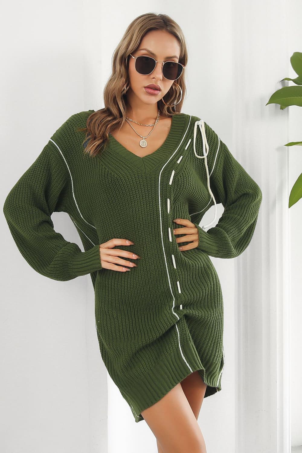 Contrast V-Neck Sweater Dress Army Green OutfitFlow