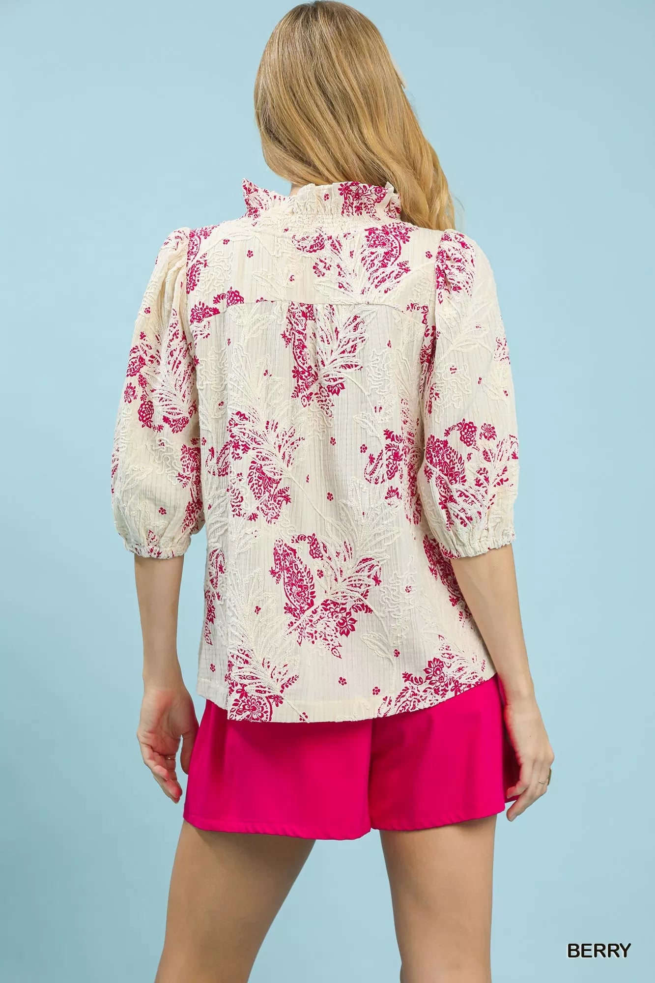 Umgee Floral Embroidered Blouse with Ruffle Trim OutfitFlow