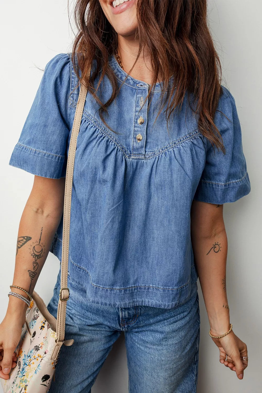 Pleated Detail Half Button Short Sleeve Denim Top Trendsi