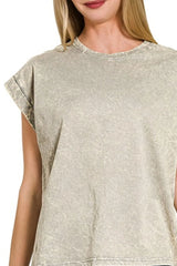 Zenana Crinkle Washed Round Neck Folded Short Sleeve Tee OutfitFlow