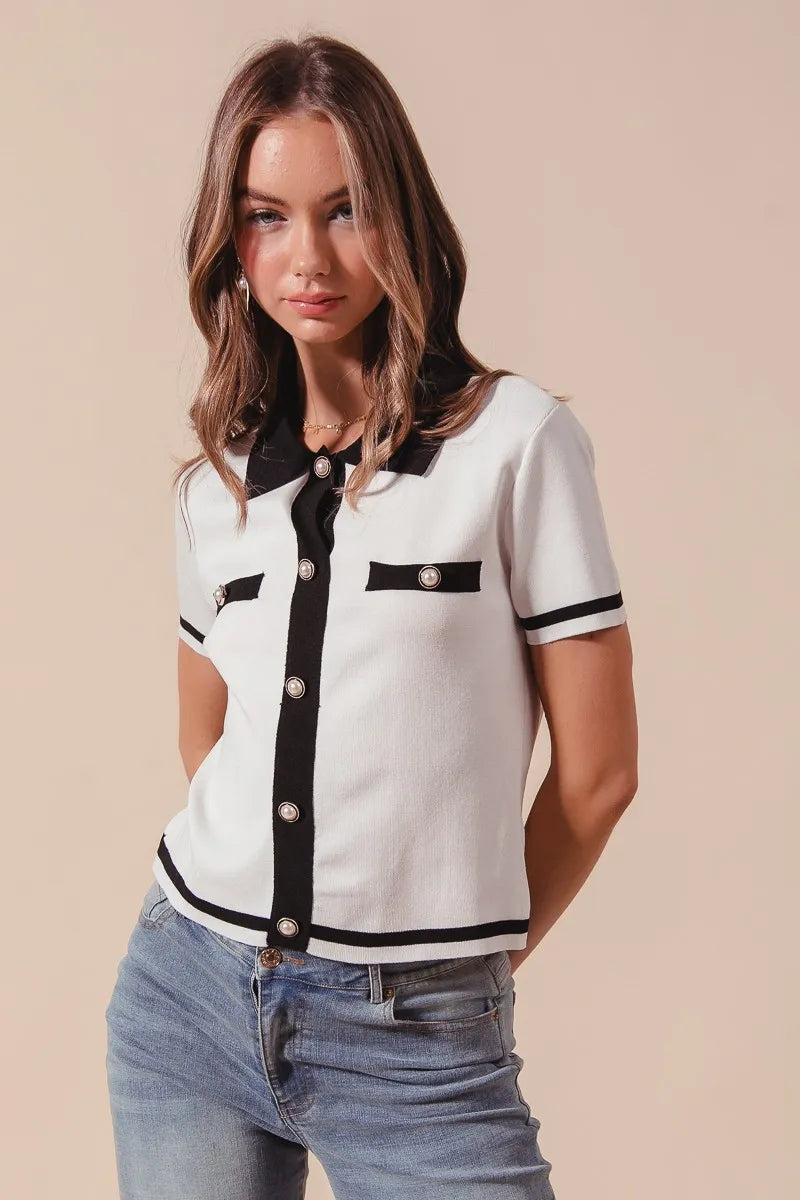 SO ME Button Down Knitted Sweater Shirt Top IVORY BLACK OutfitFlow