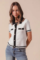 SO ME Button Down Knitted Sweater Shirt Top IVORY BLACK OutfitFlow