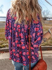 Floral Half Sleeve Split Neck Blouse Top OutfitFlow
