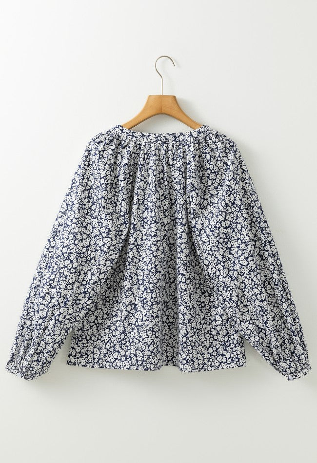 Floral Print Notched Long Sleeve Blouse