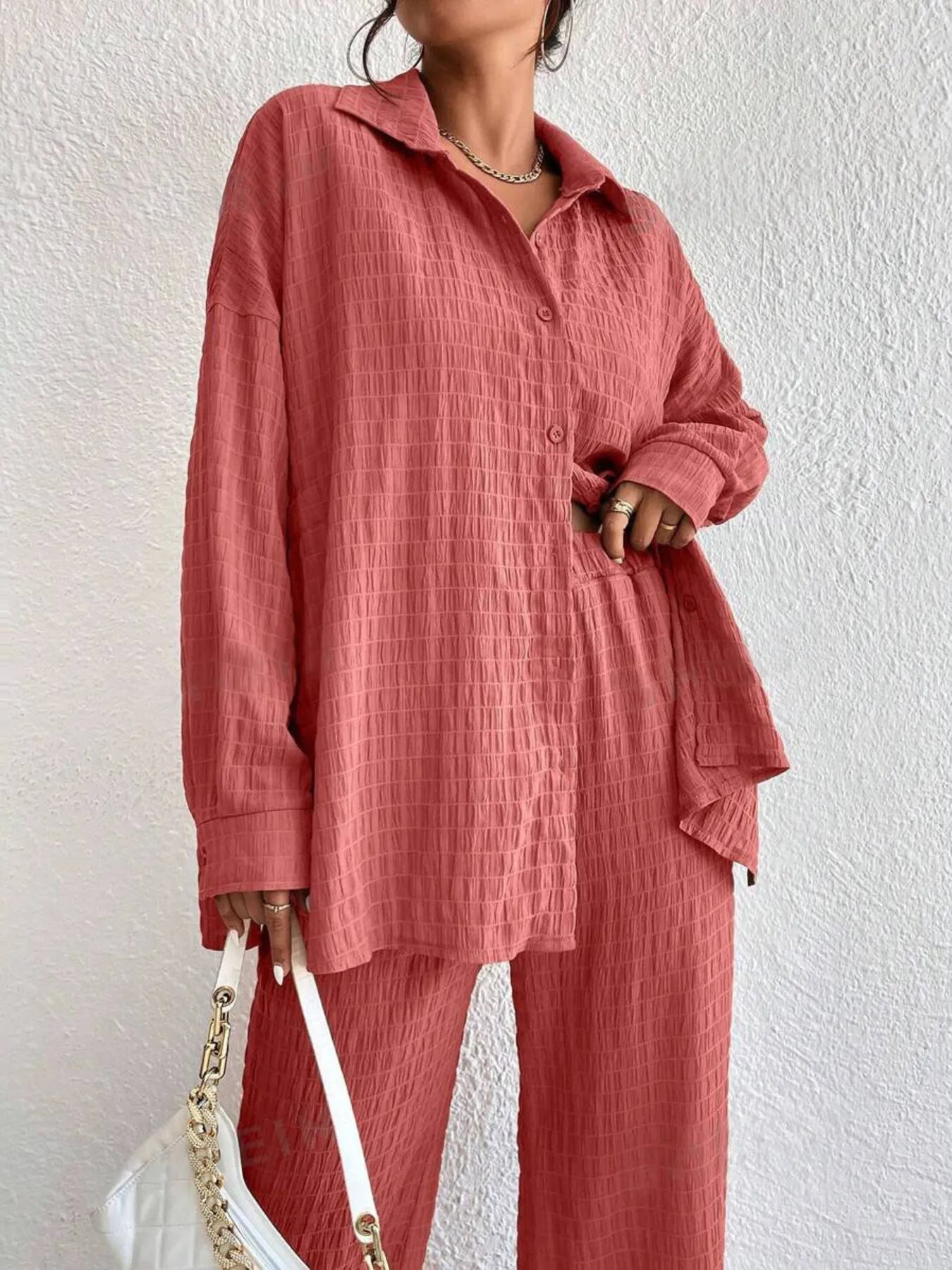 Button Up Long Sleeve Shirt and Pants Set OutfitFlow