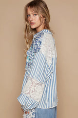 POL Printed Woven Mix Raw Hem Jacket with Lace Detail OutfitFlow