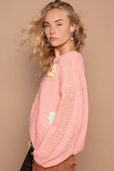 Outfit Flow - POL Crochet Flower Round Neck Dropped Shoulder Sweater