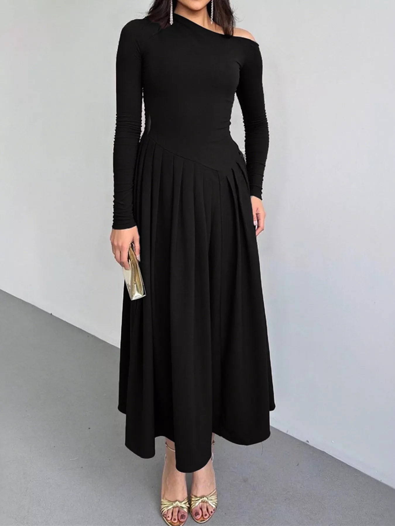 Ruched One Shoulder Long Sleeve Dress OutfitFlow