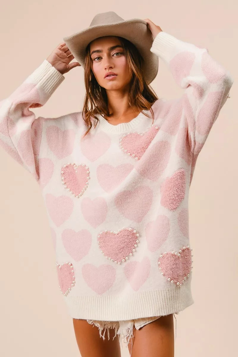 BiBi Heart Pattern Sweater with Pearl Detail OutfitFlow