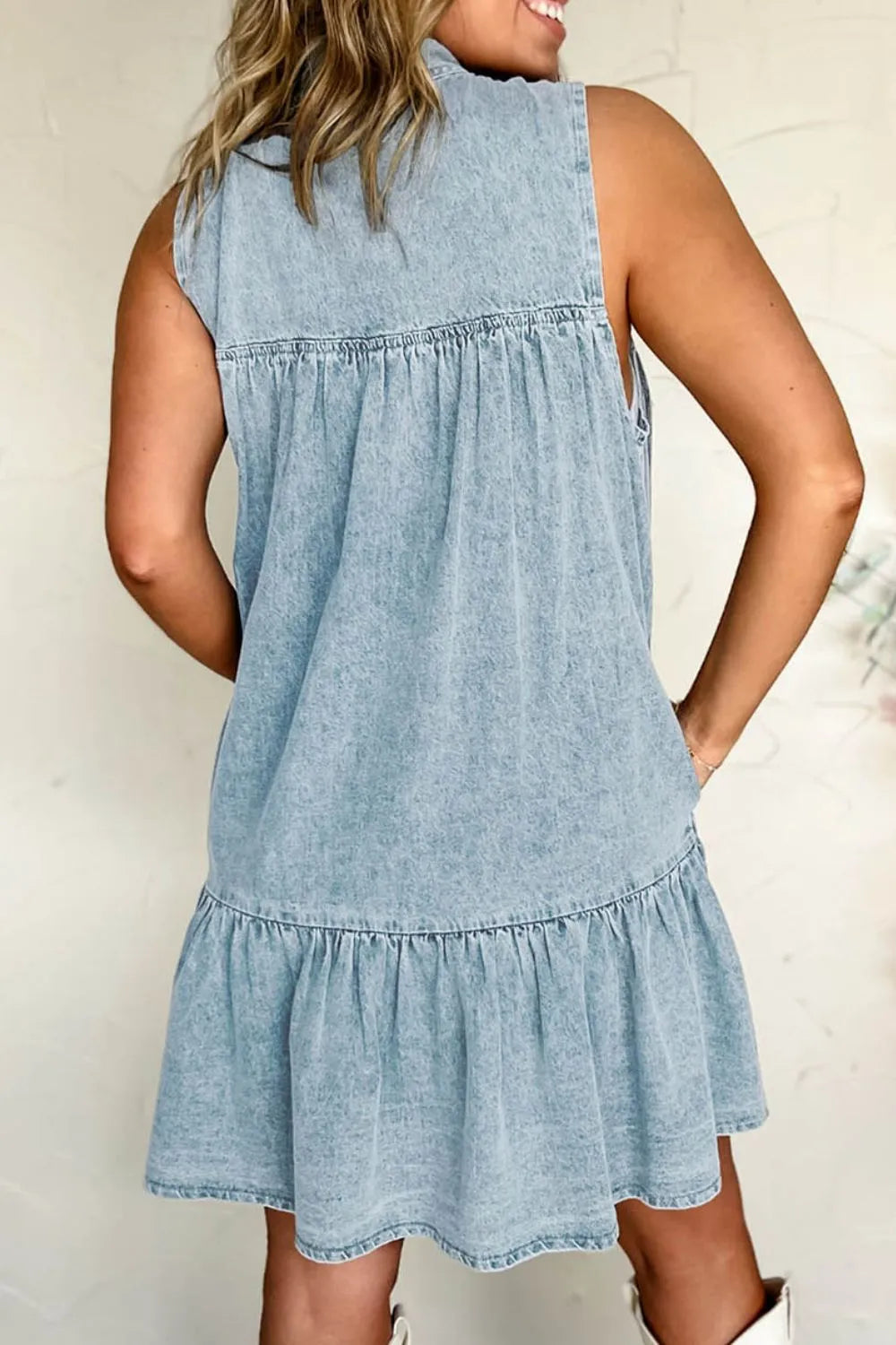 Tie Neck Sleeveless Denim Dress OutfitFlow