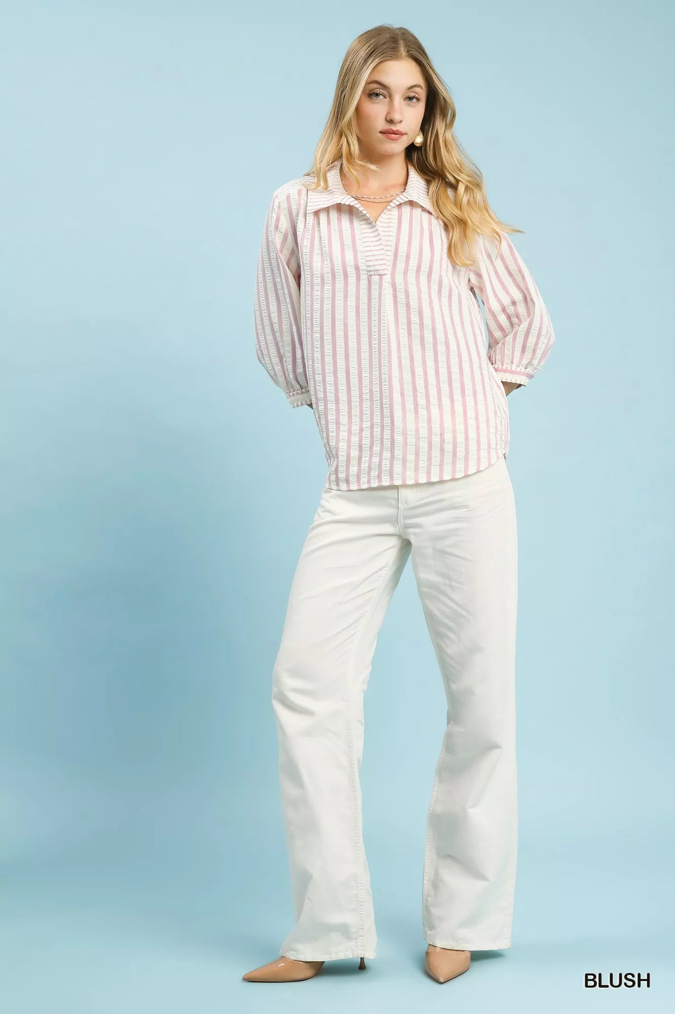 Umgee Striped Collared Neck Blouse OutfitFlow