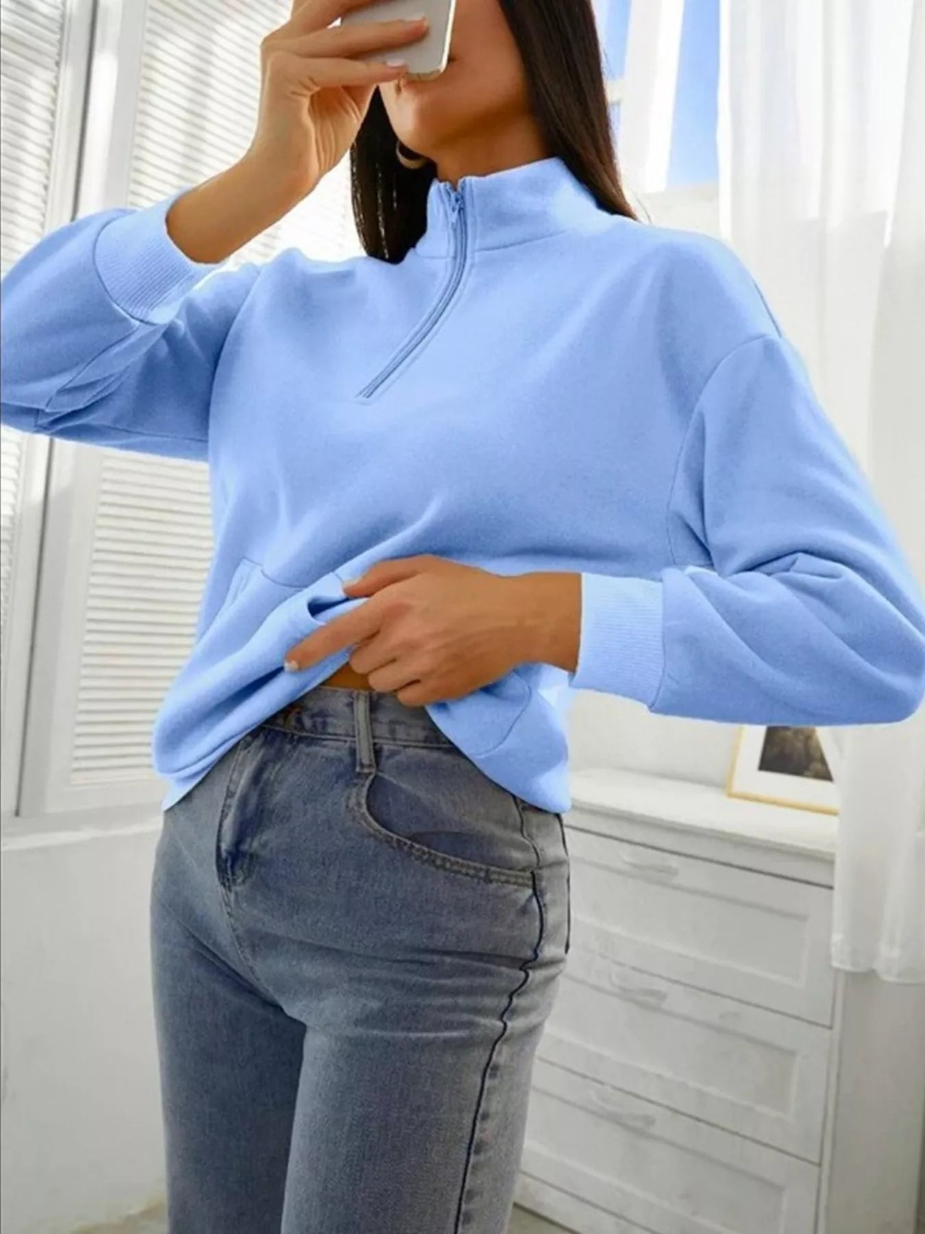 Zip-Up Collar Sweatshirt with Pocket OutfitFlow