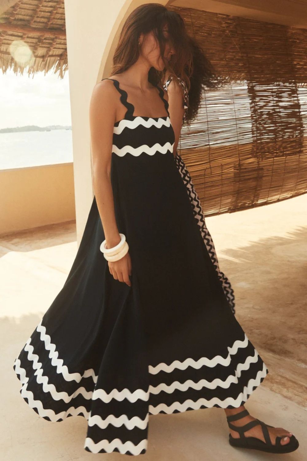 Contrast Trim Square Neck Wide Strap Dress Black OutfitFlow