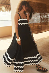 Contrast Trim Square Neck Wide Strap Dress Black OutfitFlow