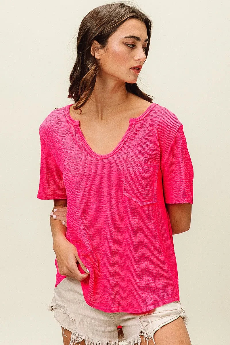 BiBi Waved Rib U Neck Top With Front Pocket OutfitFlow