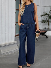 Round Neck Tank and Pants Denim Set OutfitFlow