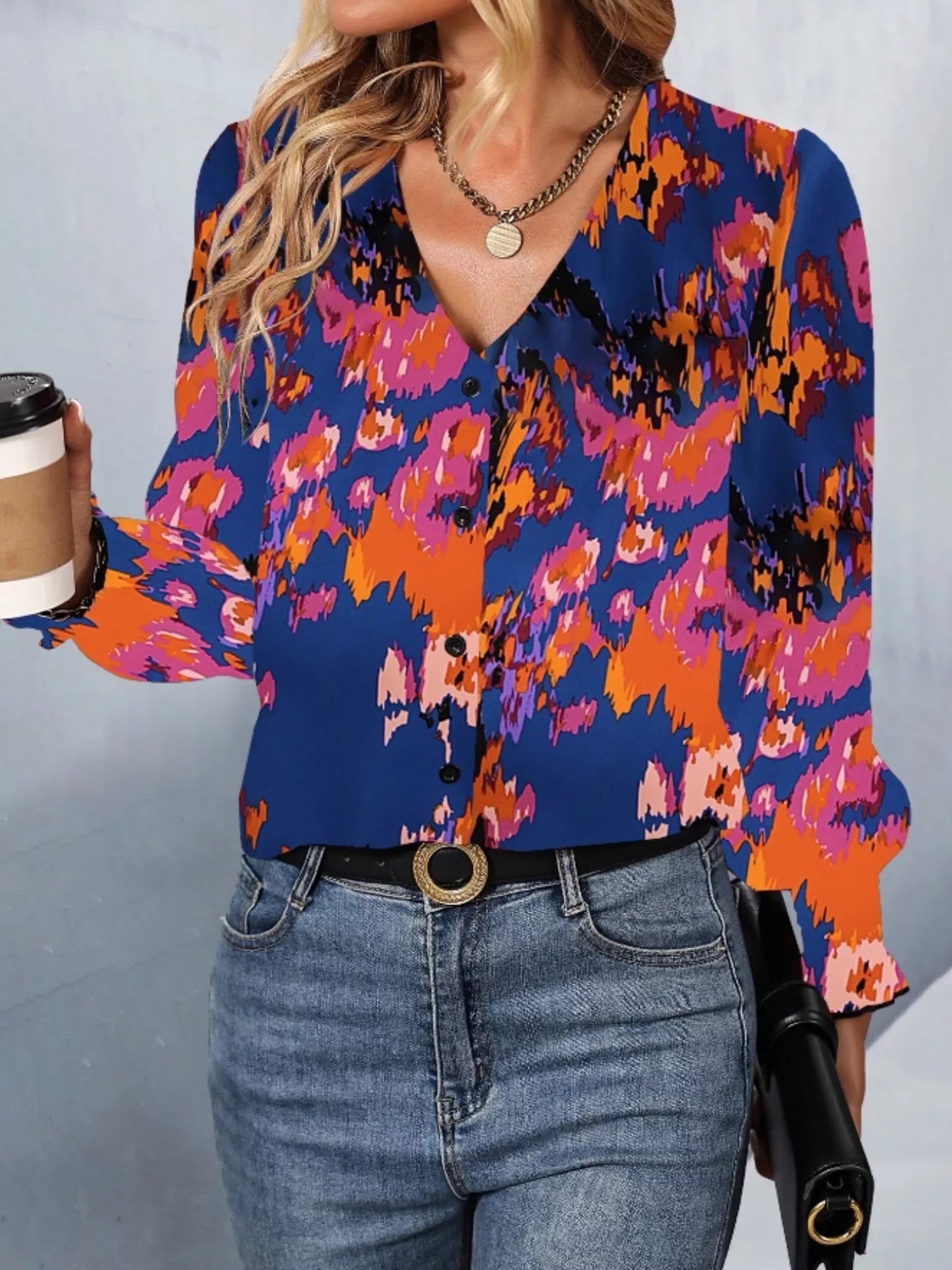 Printed Button Up Long Sleeve Shirt OutfitFlow