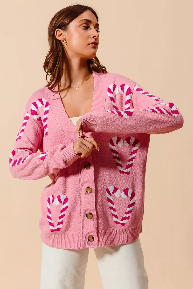 SO ME Christmas Candy Cane Button Front Sweater Cardigan OutfitFlow