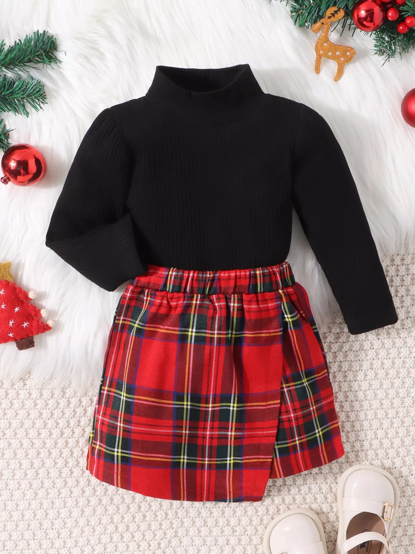 Children's Ribbed Knit Top & Plaid Skirt Set Black OutfitFlow