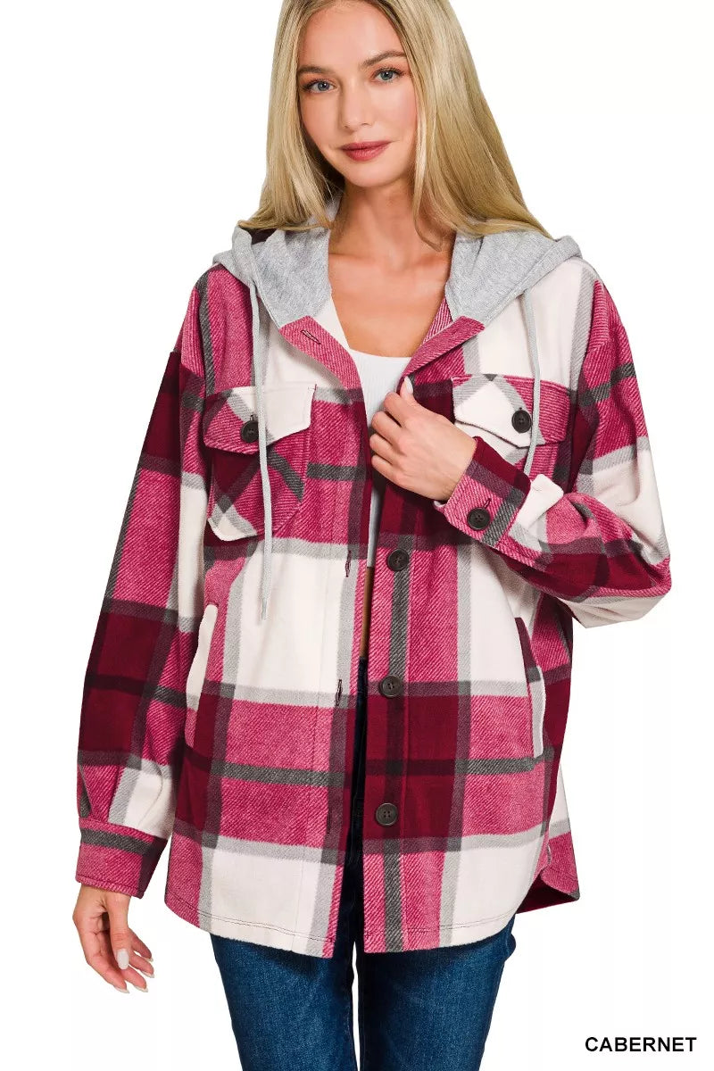 Zenana Plaid Drawstring Hooded Fleece Shacket CABERNET Trendsi