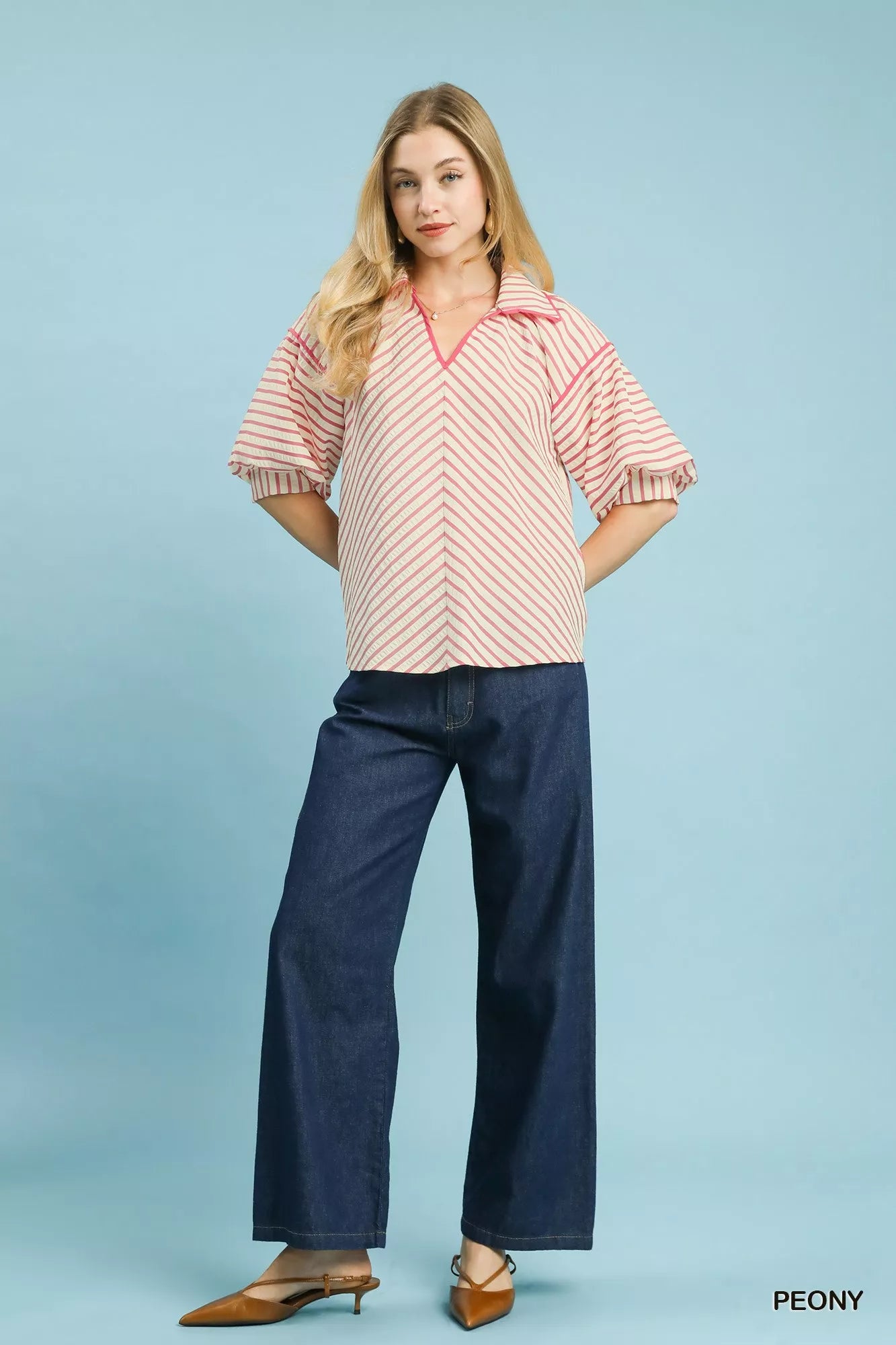 Umgee Chevron Stripe Collared Relaxed Top OutfitFlow