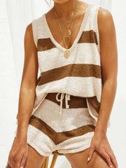 V-Neck Sleeveless Top and Drawstring Shorts Sweater Set