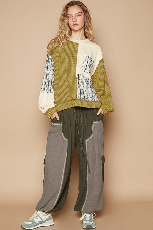 Outfit Flow - POL Exposed Seam Floral Patch Color Block Round Neck Sweatshirt