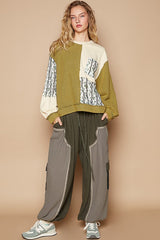 Outfit Flow - POL Exposed Seam Floral Patch Color Block Round Neck Sweatshirt