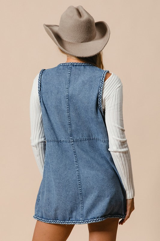 Outfit Flow - BiBi Braided Trim Open Front Denim Vest with Pockets