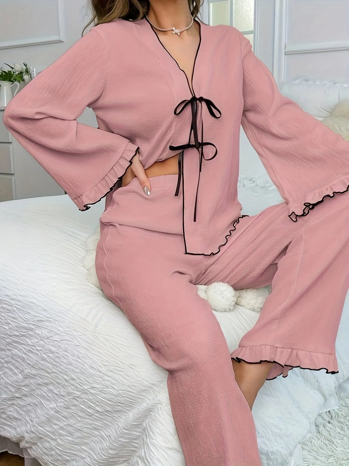 Contrast Trim Bow Tie Shirt and Pants Lounge Set Dusty Pink OutfitFlow