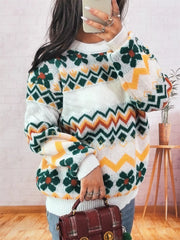 Geometric Round Neck Long Sleeve Sweater OutfitFlow