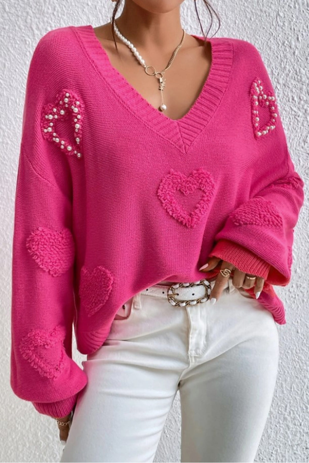 Outfit Flow - Pearl Trim Heart V-Neck Sweater