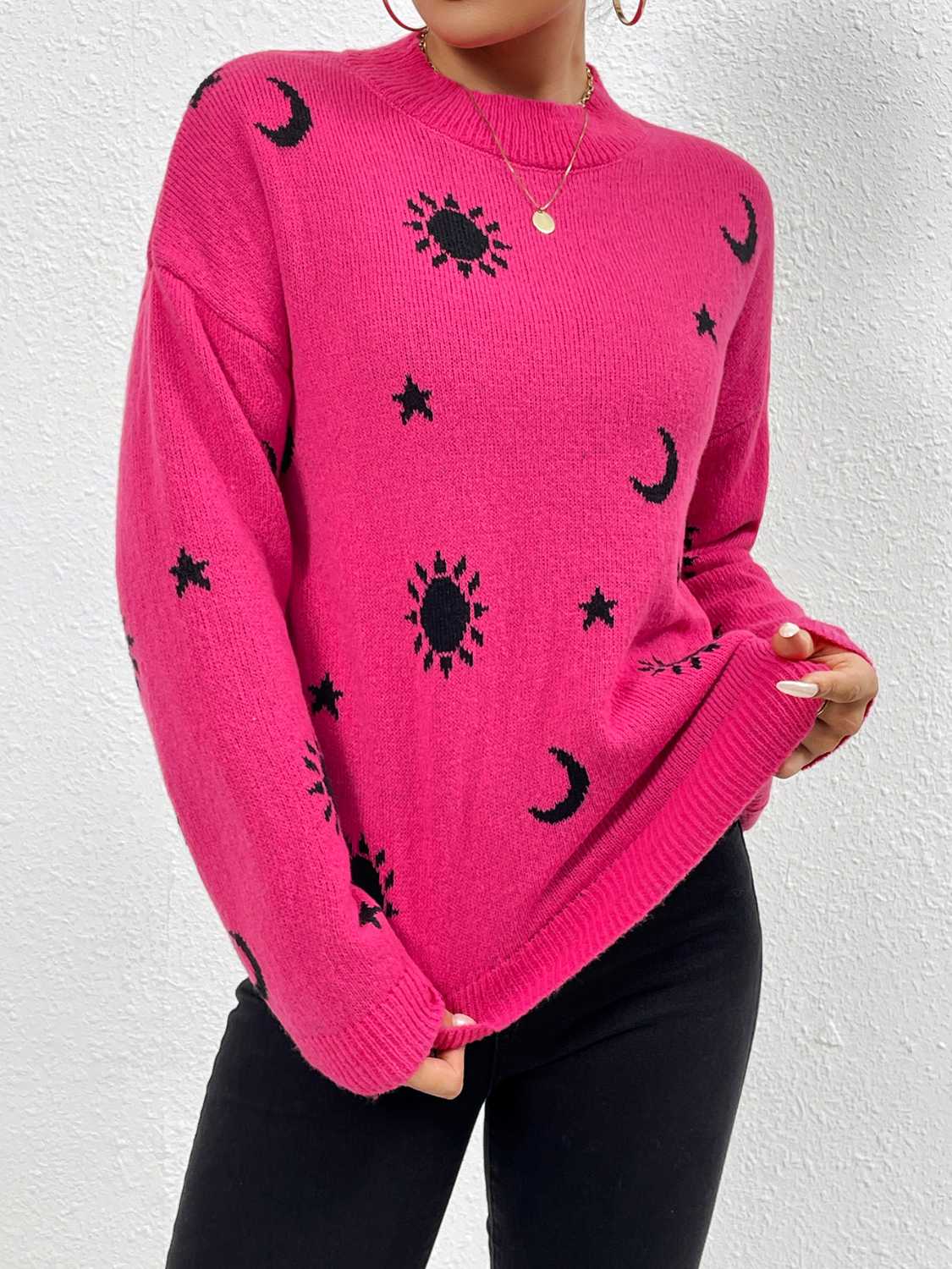 Patterned Drop Shoulder Sweater Hot Pink Trendsi